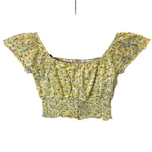 Billabong Crop Top Womens Small Yellow Floral Smocked Boho Beach Cottagecore Y2K